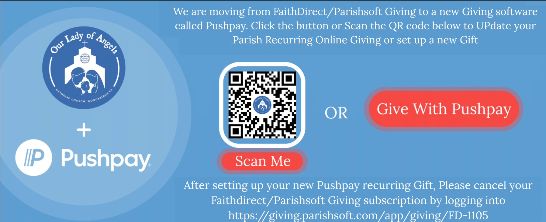 OLA + Pushpay banner: We are moving from FaithDirect to Pushpay. Click or scan QR code to give.